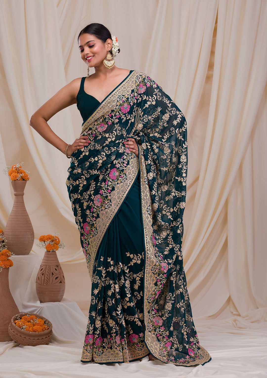 Peacock Blue Threadwork Georgette Saree-Koskii