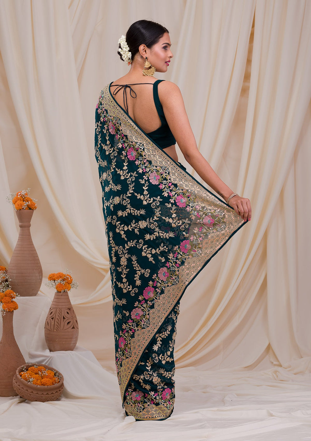 Peacock Blue Threadwork Georgette Saree-Koskii