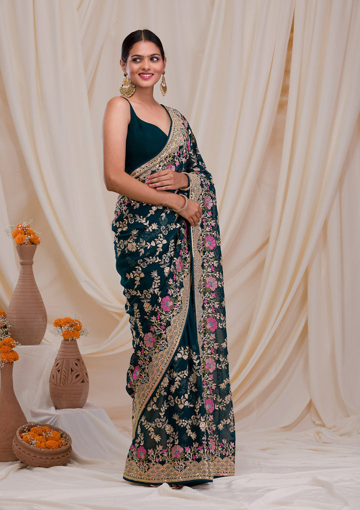 Peacock Blue Threadwork Georgette Saree-Koskii