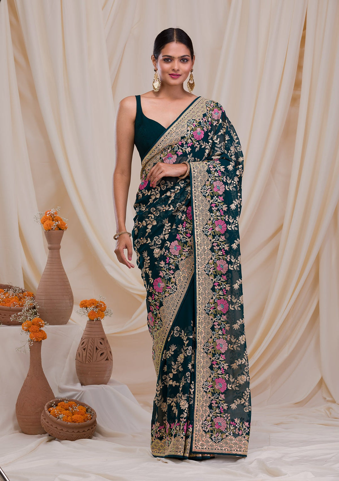 Peacock Blue Threadwork Georgette Saree-Koskii
