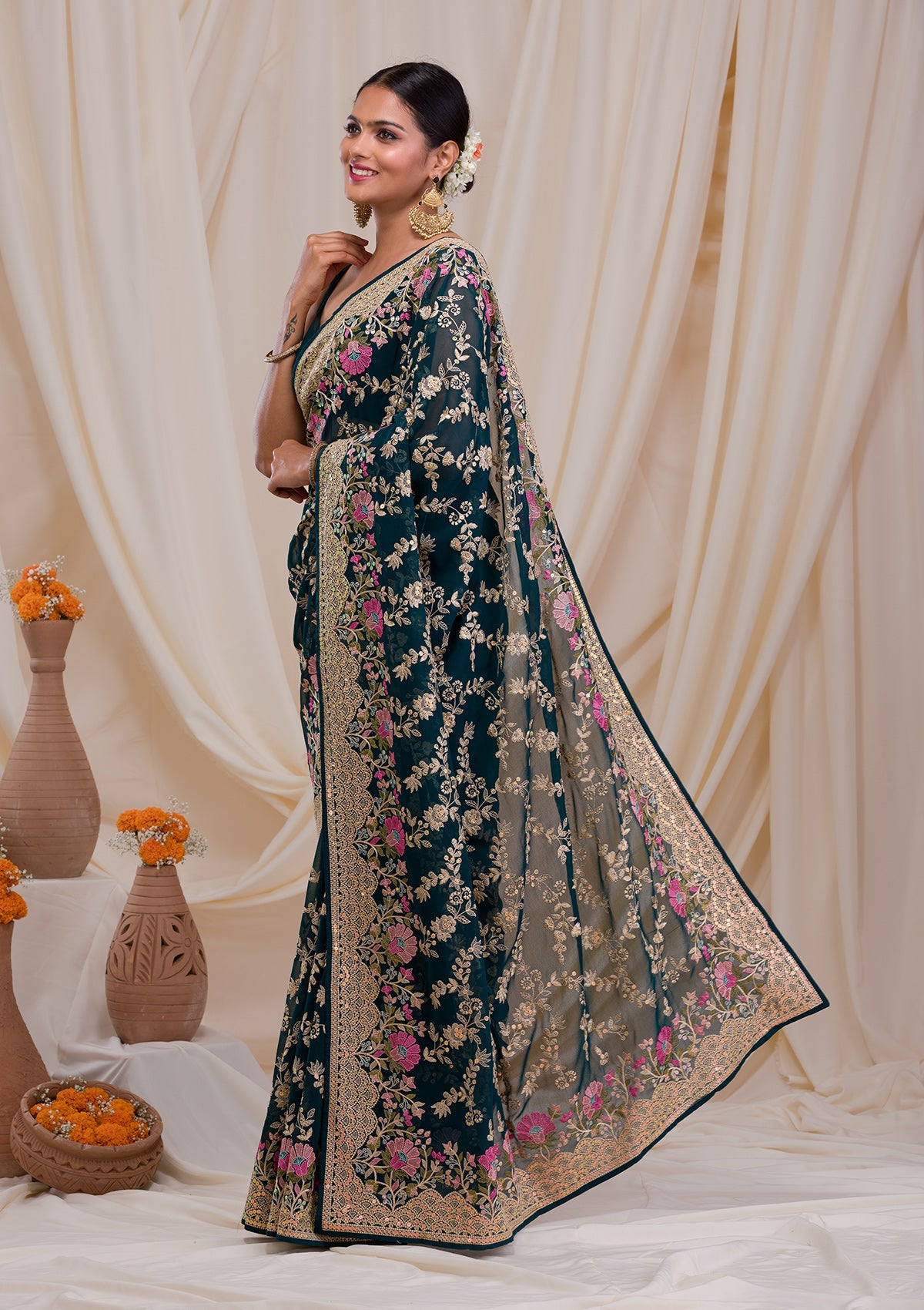 Peacock Blue Threadwork Georgette Saree-Koskii