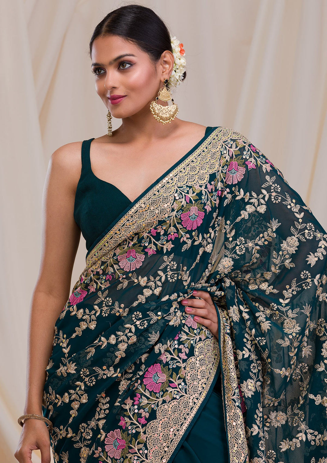 Peacock Blue Threadwork Georgette Saree-Koskii