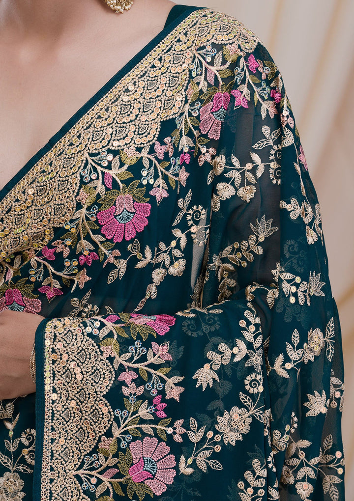 Peacock Blue Threadwork Georgette Saree-Koskii