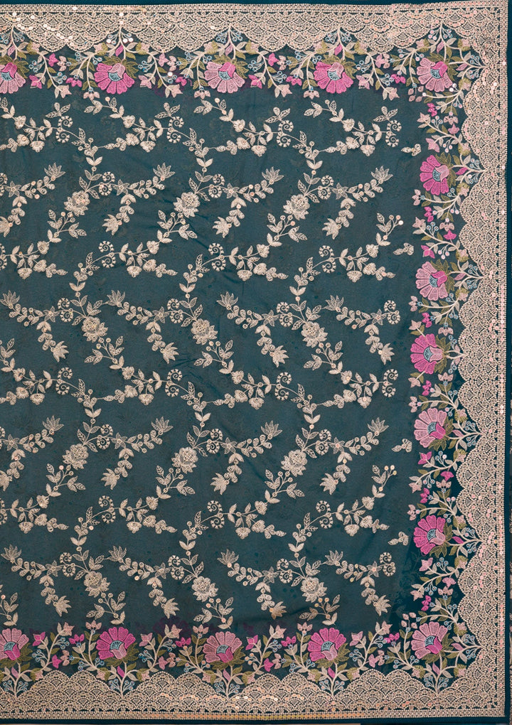 Peacock Blue Threadwork Georgette Saree-Koskii