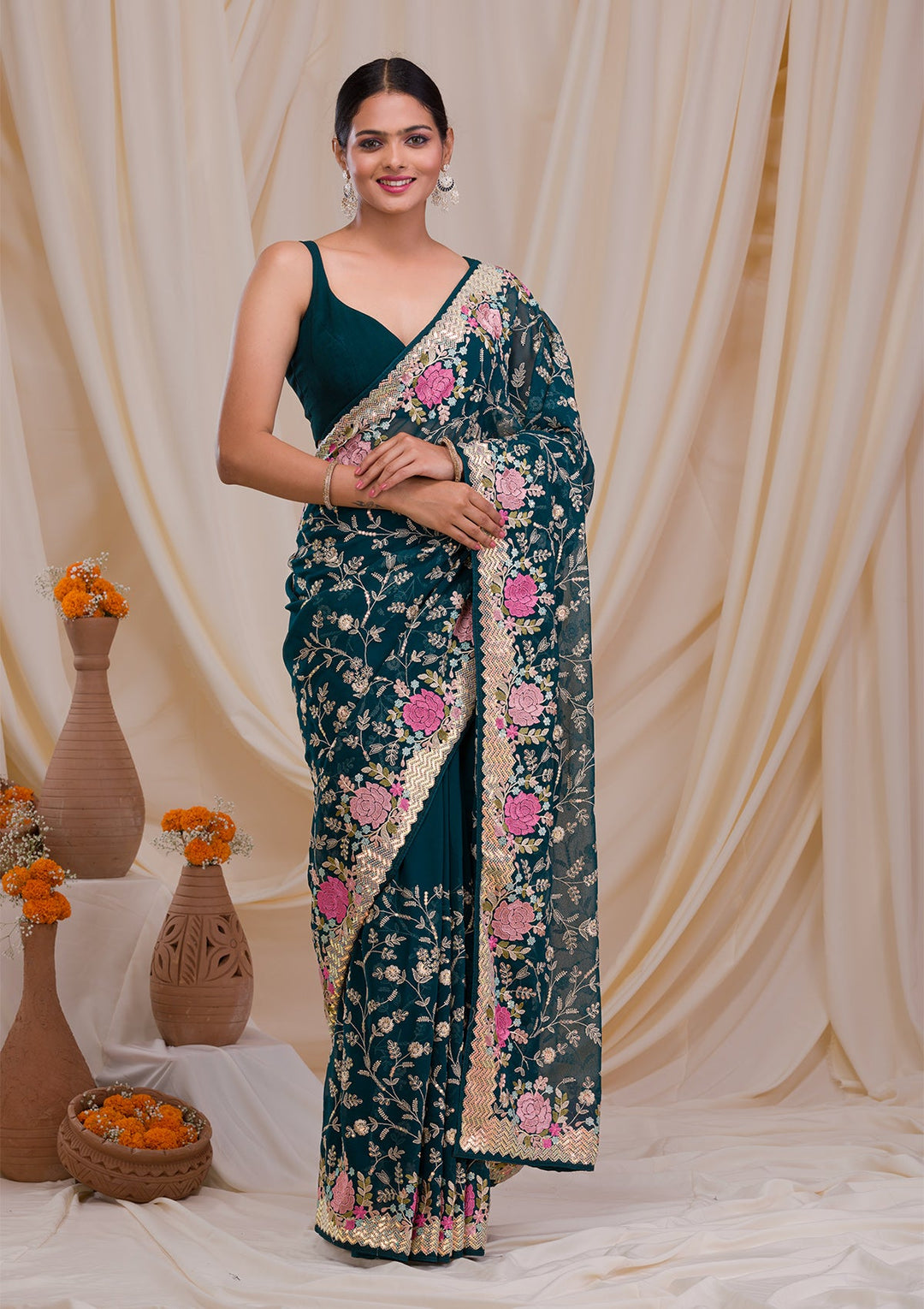Peacock Blue Threadwork Georgette Saree-Koskii
