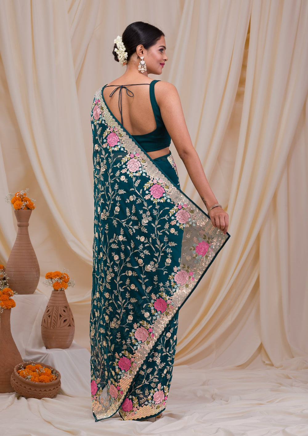 Peacock Blue Threadwork Georgette Saree-Koskii