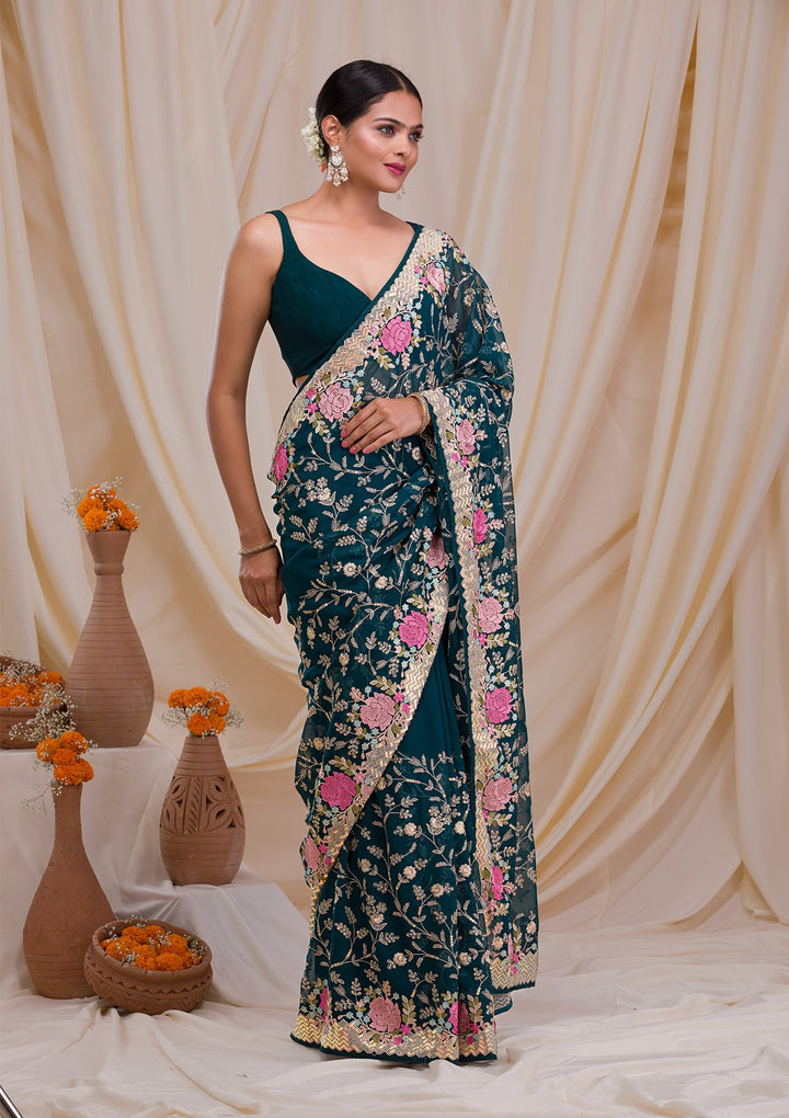 Peacock Blue Threadwork Georgette Saree-Koskii