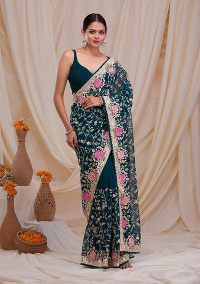 Peacock Blue Threadwork Georgette Saree-Koskii