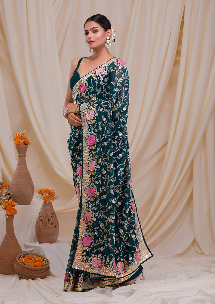 Peacock Blue Threadwork Georgette Saree-Koskii