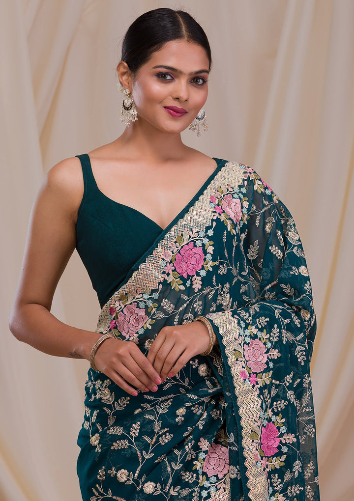 Peacock Blue Threadwork Georgette Saree-Koskii