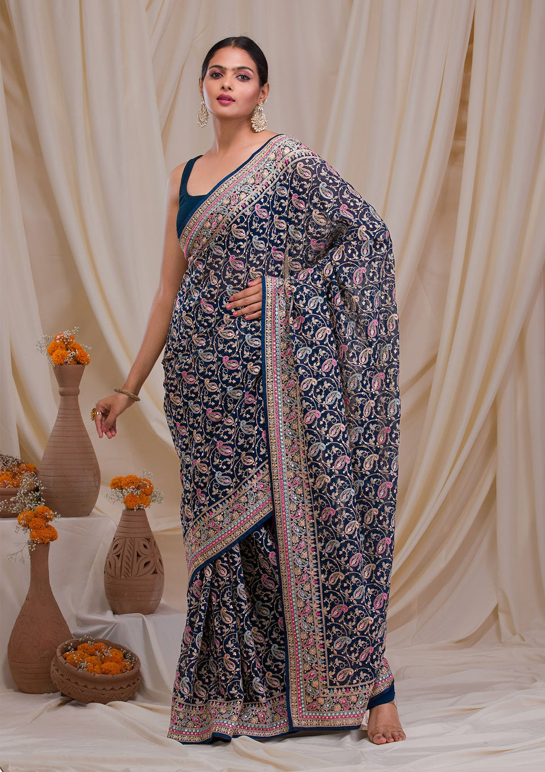 Peacock Blue Threadwork Georgette Saree-Koskii