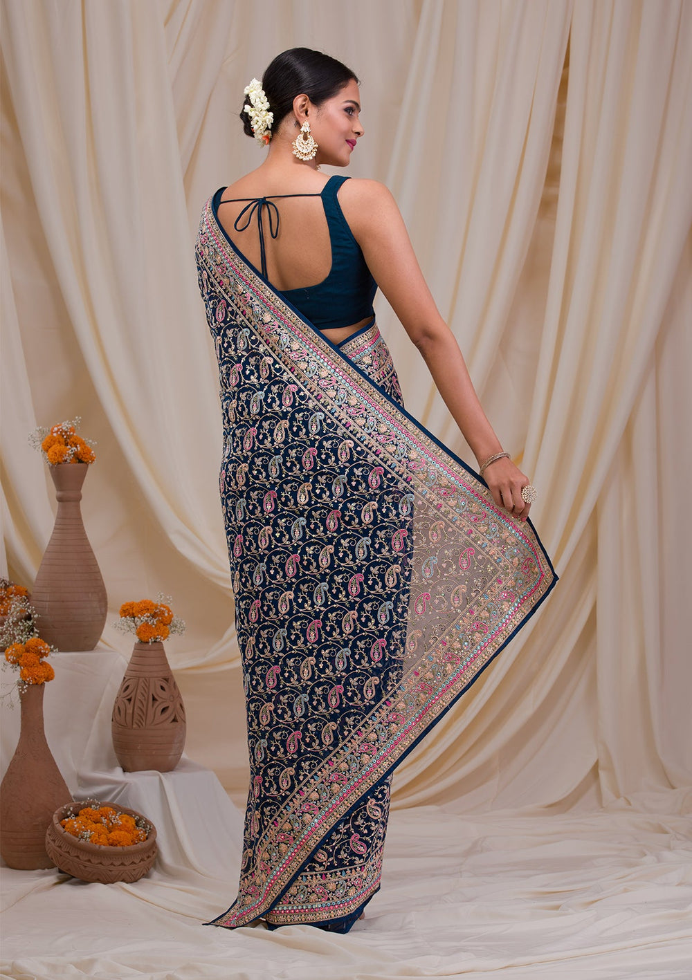 Peacock Blue Threadwork Georgette Saree-Koskii