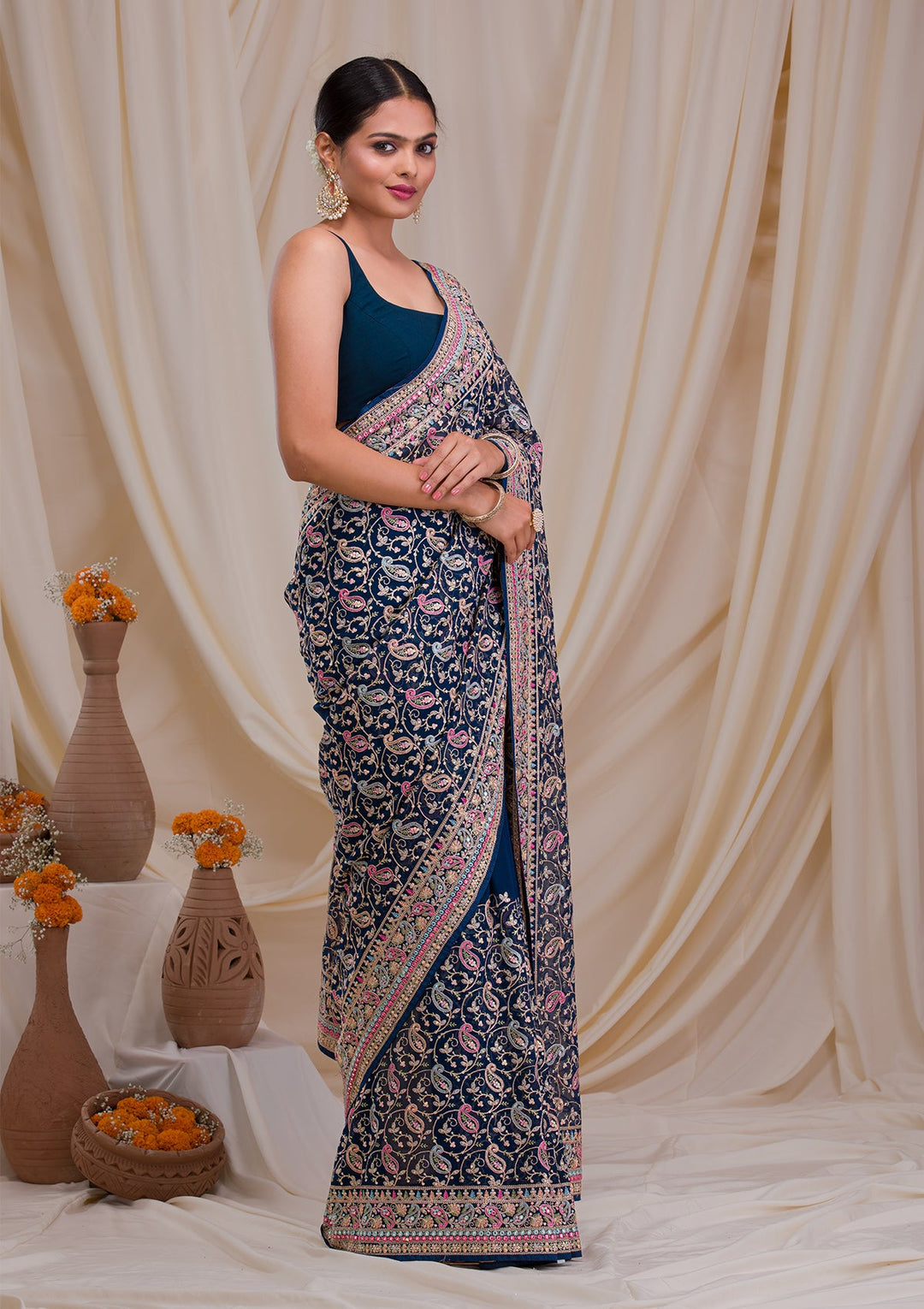 Peacock Blue Threadwork Georgette Saree-Koskii