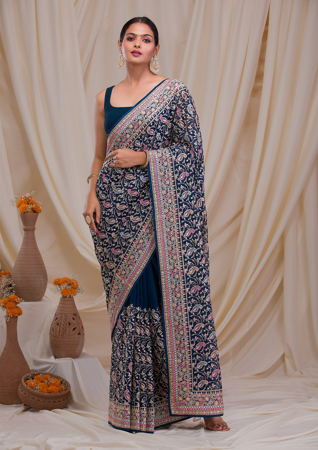 Peacock Blue Threadwork Georgette Saree-Koskii