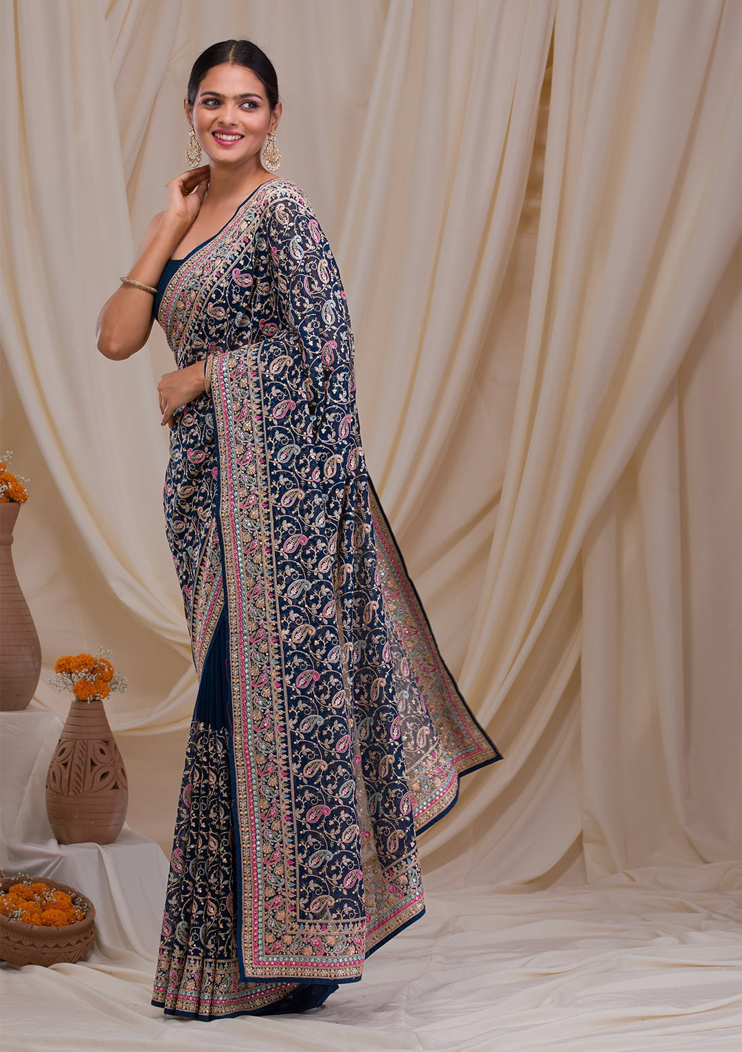 Peacock Blue Threadwork Georgette Saree-Koskii
