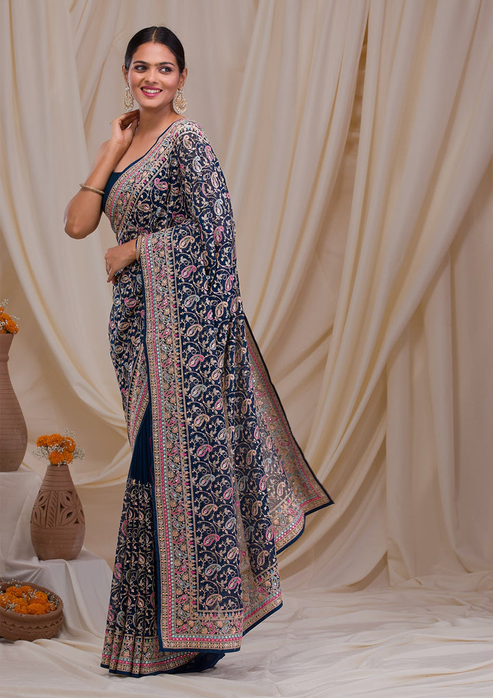 Peacock Blue Threadwork Georgette Saree-Koskii