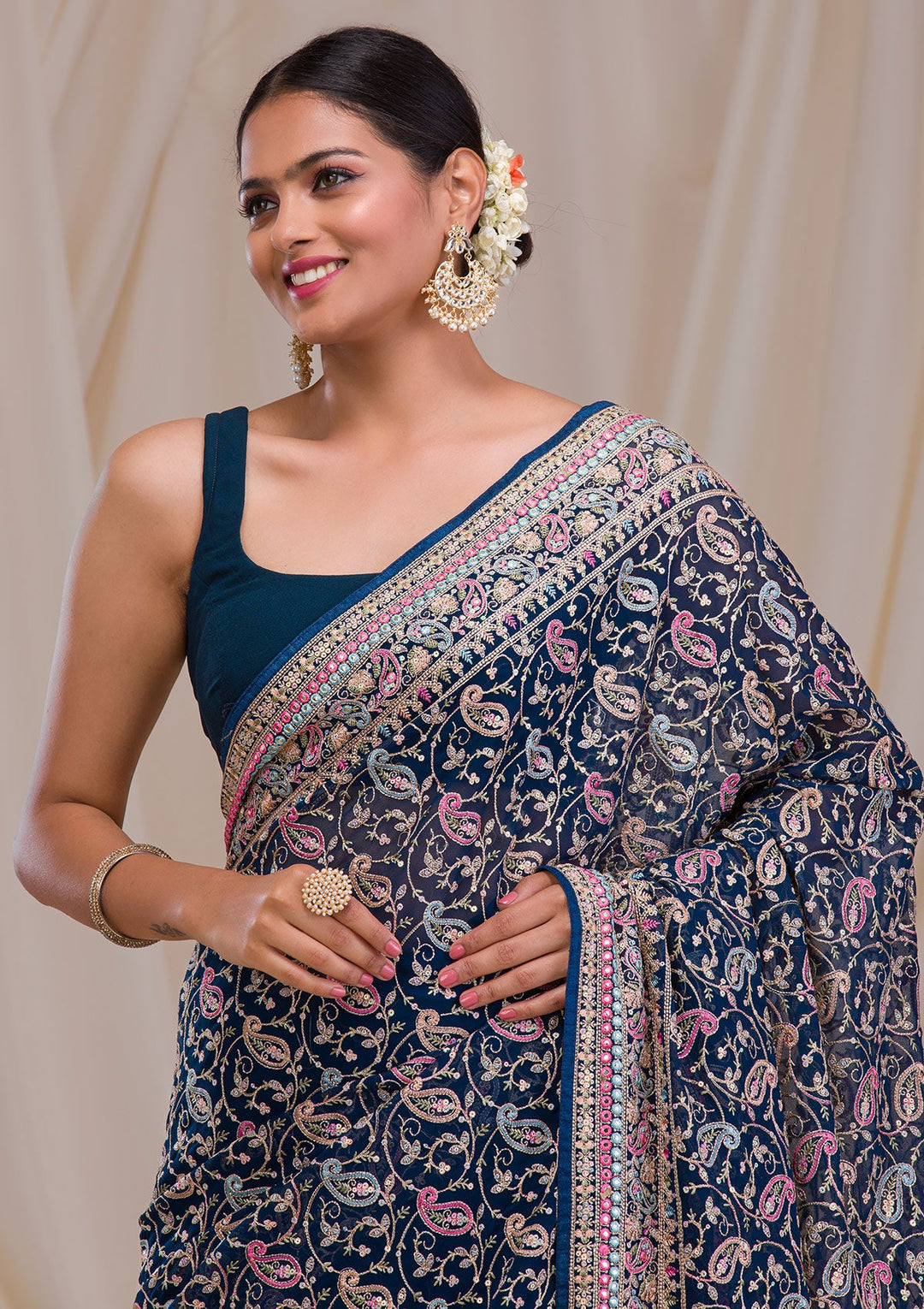 Peacock Blue Threadwork Georgette Saree-Koskii