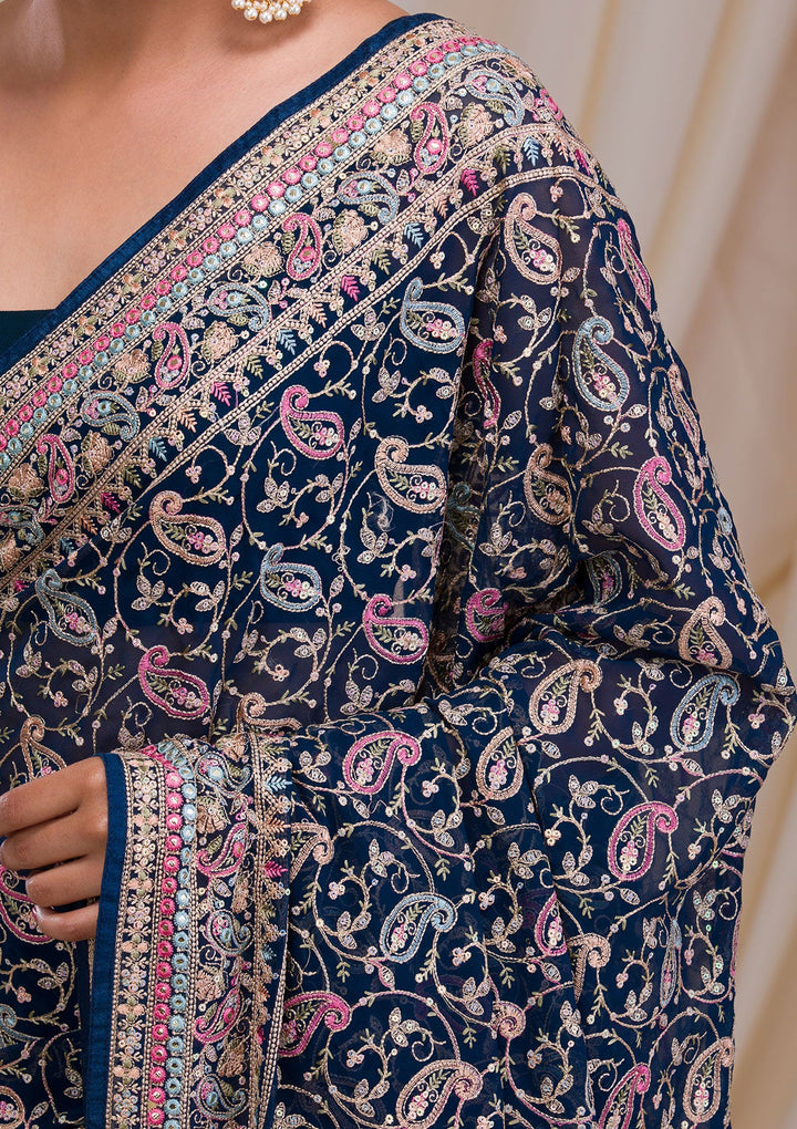 Peacock Blue Threadwork Georgette Saree-Koskii