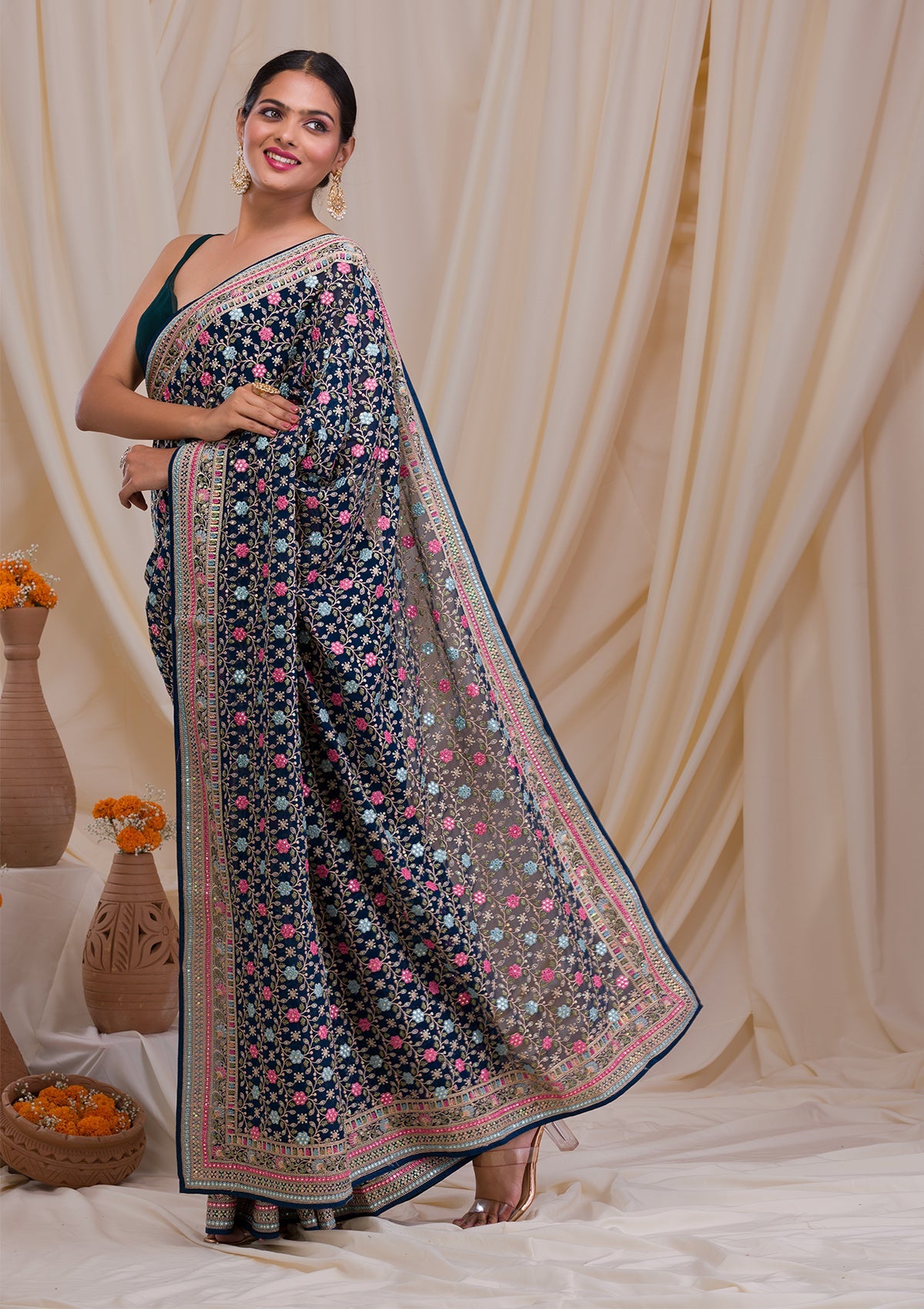 Peacock Blue Threadwork Georgette Saree