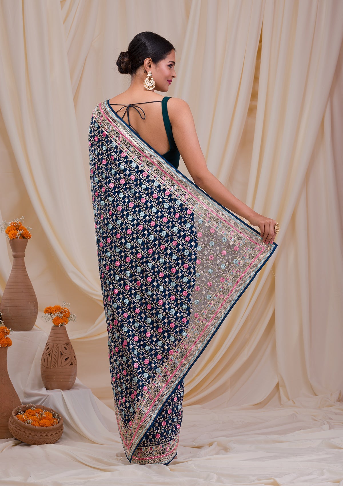 Peacock Blue Threadwork Georgette Saree