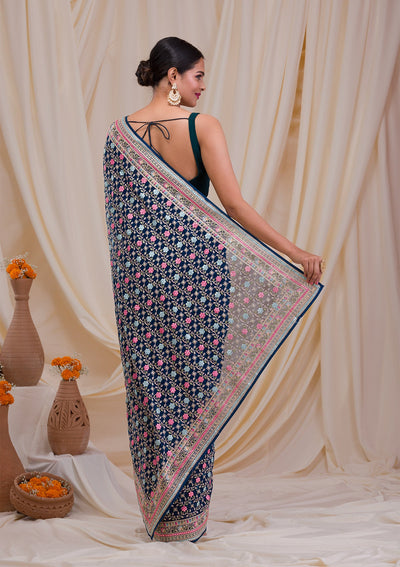 Peacock Blue Threadwork Georgette Saree