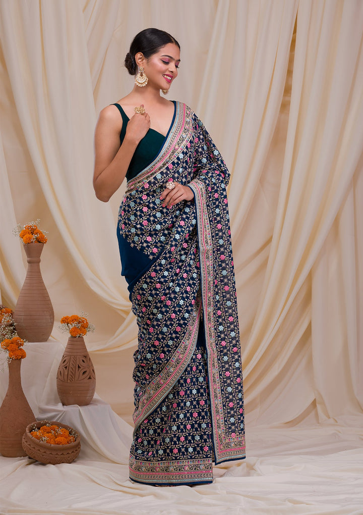 Peacock Blue Threadwork Georgette Saree-Koskii