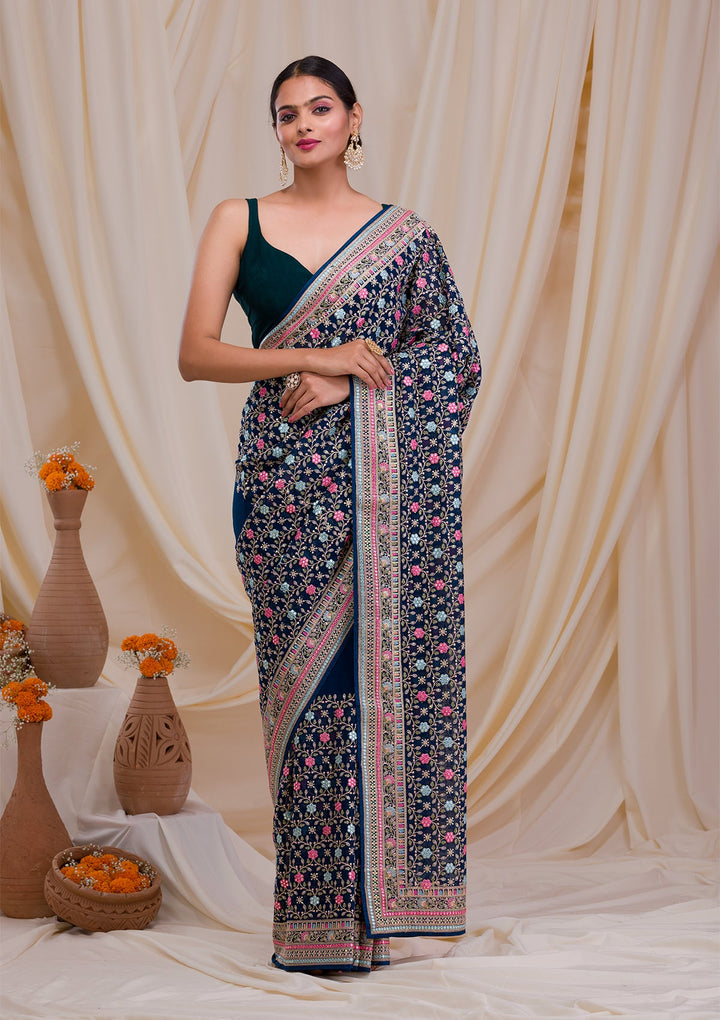 Peacock Blue Threadwork Georgette Saree-Koskii