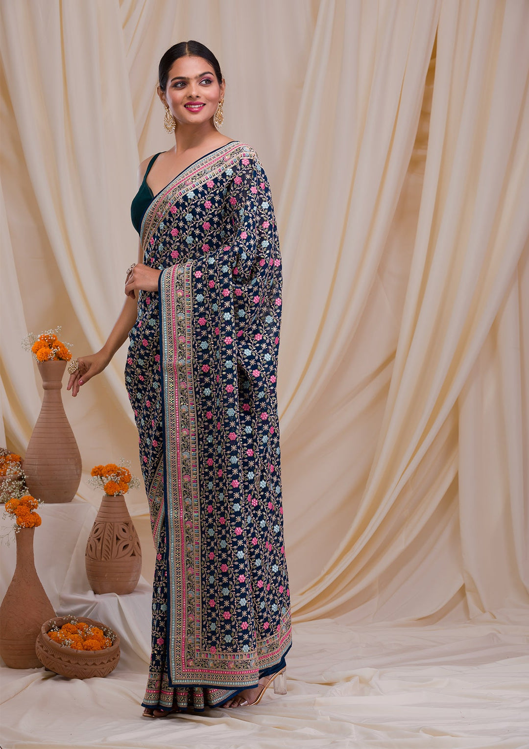 Peacock Blue Threadwork Georgette Saree-Koskii