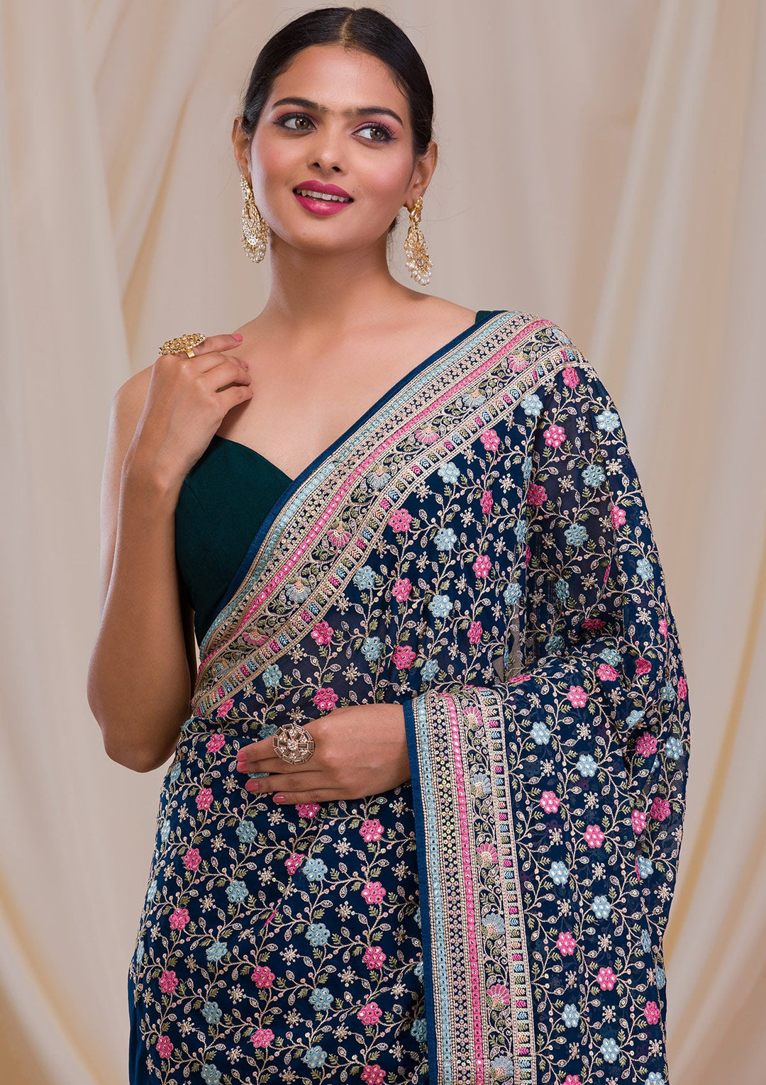 Peacock Blue Threadwork Georgette Saree-Koskii
