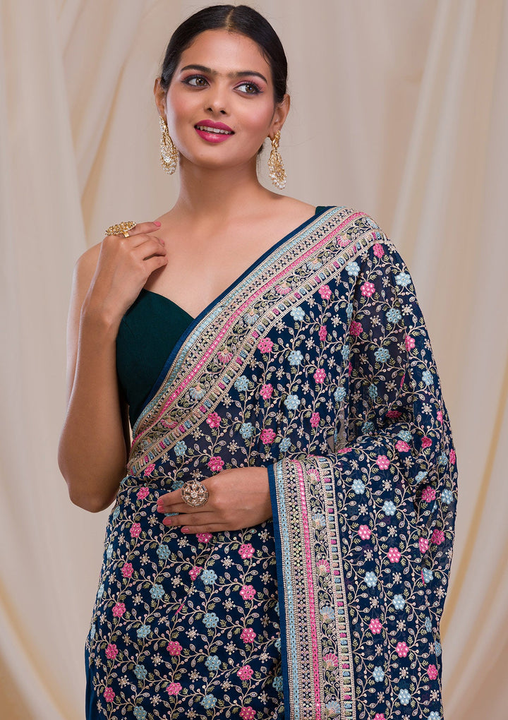 Peacock Blue Threadwork Georgette Saree-Koskii