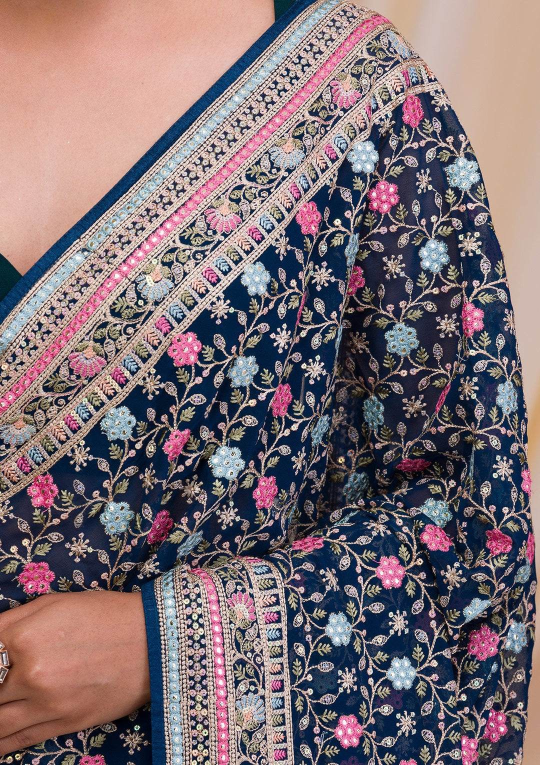 Peacock Blue Threadwork Georgette Saree-Koskii