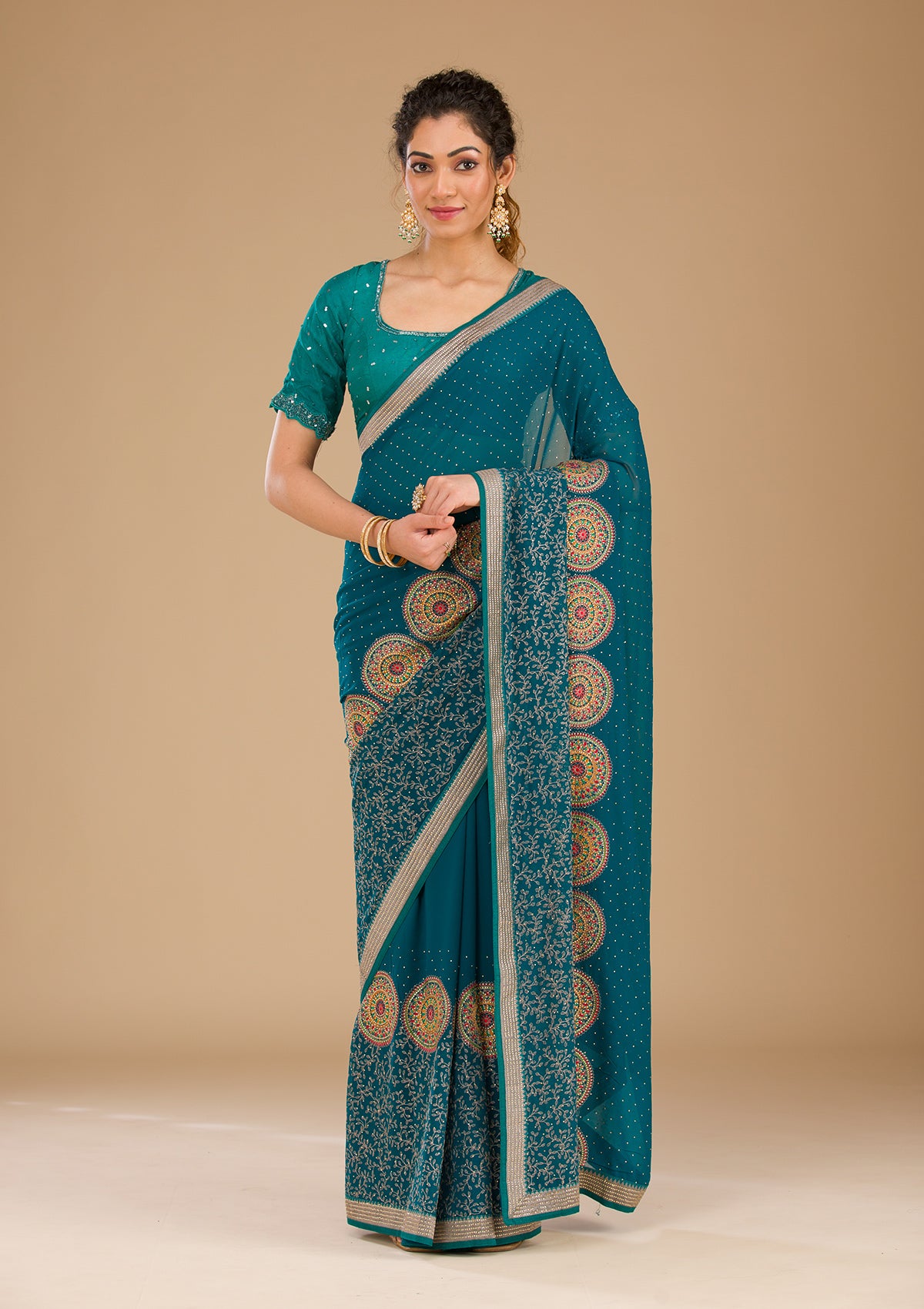 Peacock Blue Threadwork Georgette Saree