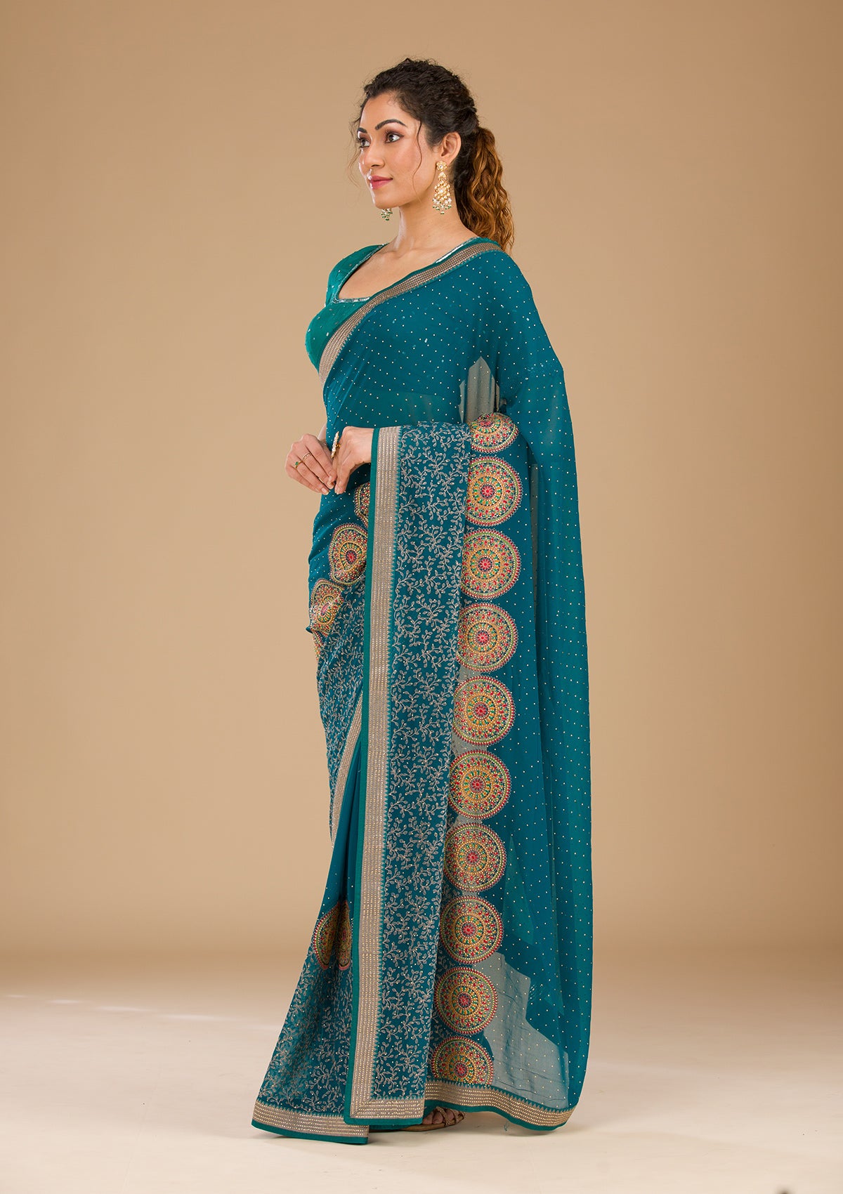 Peacock Blue Threadwork Georgette Saree