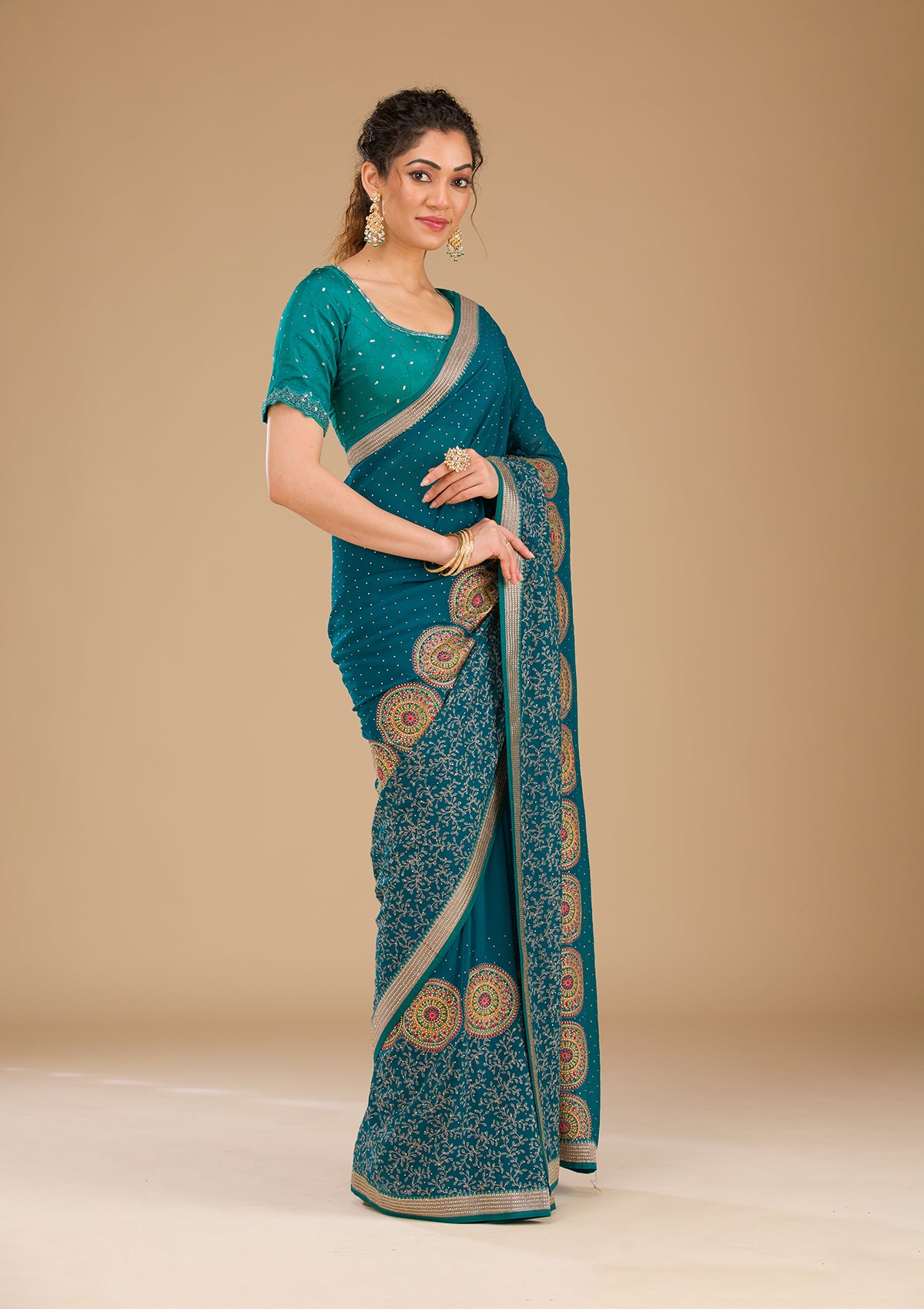 Peacock Blue Threadwork Georgette Saree