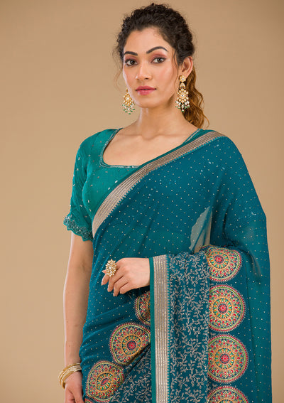 Peacock Blue Threadwork Georgette Saree