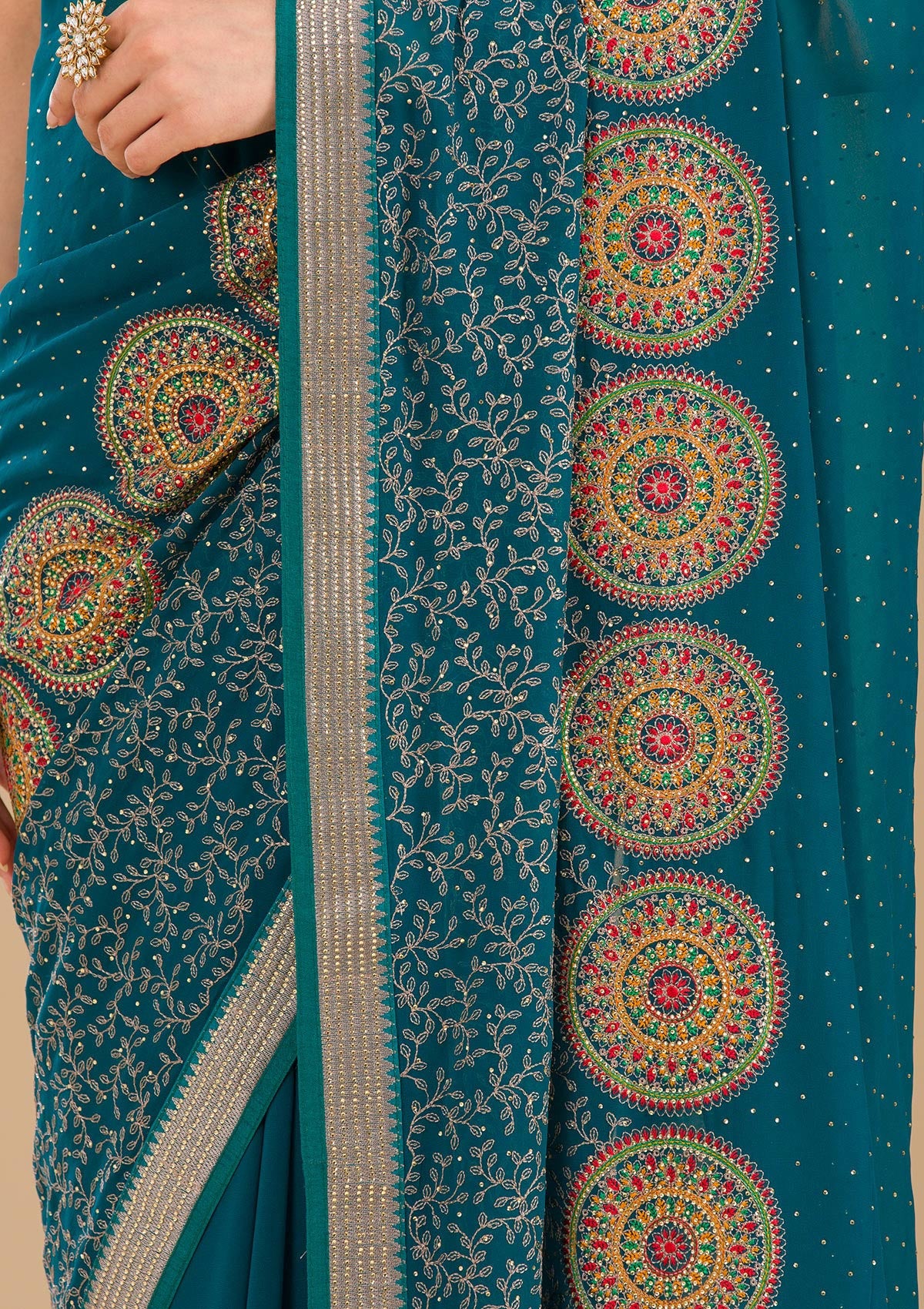 Peacock Blue Threadwork Georgette Saree