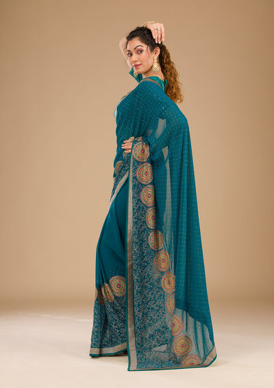 Peacock Blue Threadwork Georgette Saree