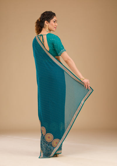 Peacock Blue Threadwork Georgette Saree