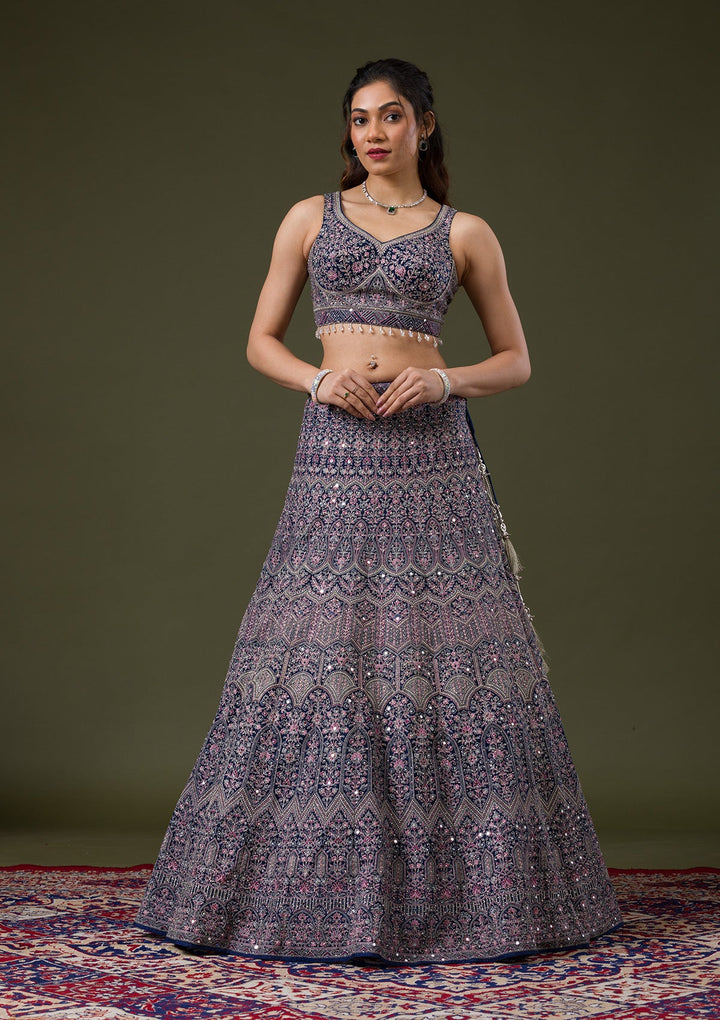 Peacock Blue Threadwork Net Readymade Lehenga-Koskii