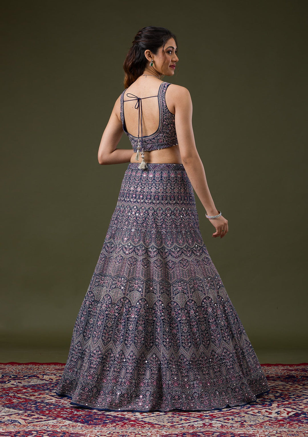 Peacock Blue Threadwork Net Readymade Lehenga-Koskii