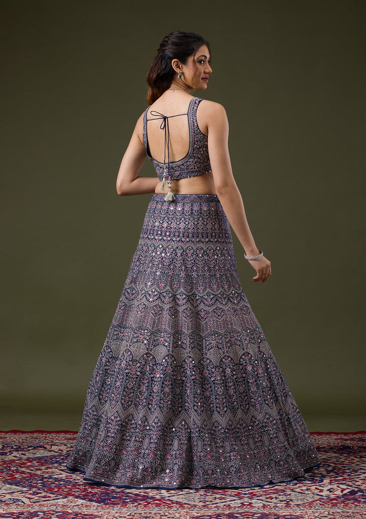 Peacock Blue Threadwork Net Readymade Lehenga-Koskii