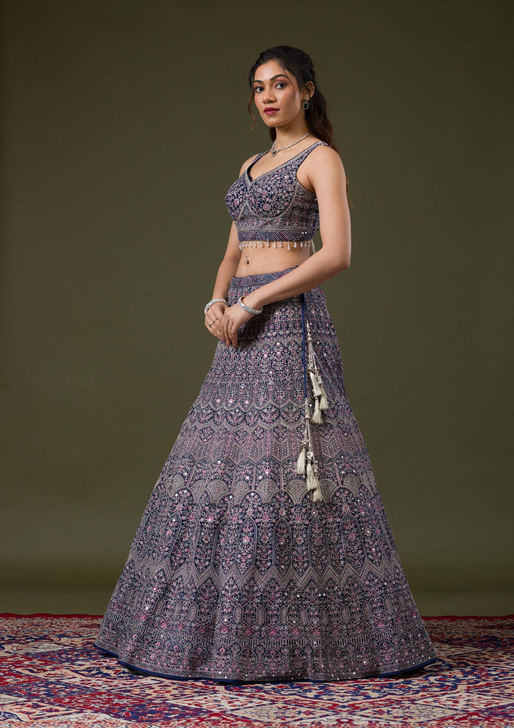 Peacock Blue Threadwork Net Readymade Lehenga-Koskii