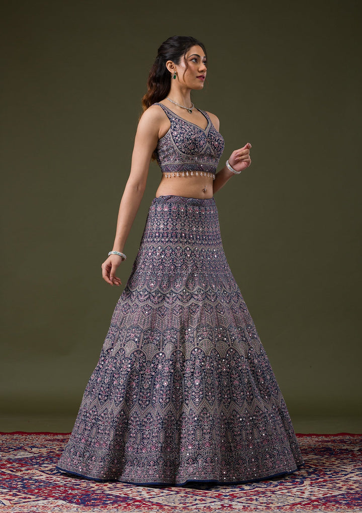 Peacock Blue Threadwork Net Readymade Lehenga-Koskii
