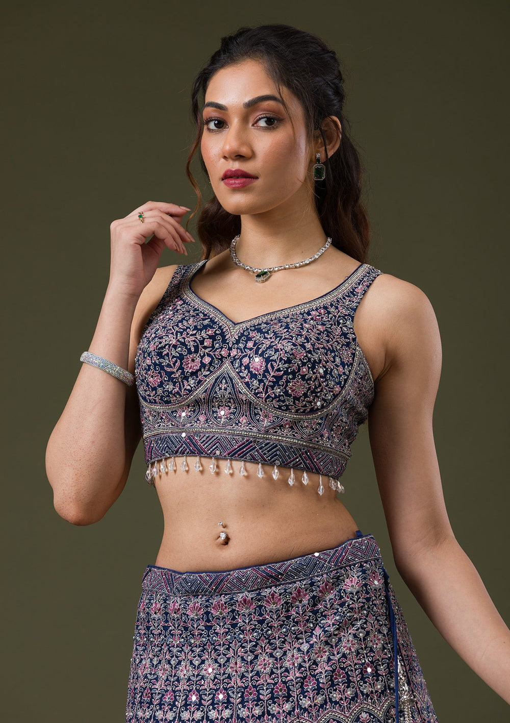Peacock Blue Threadwork Net Readymade Lehenga-Koskii