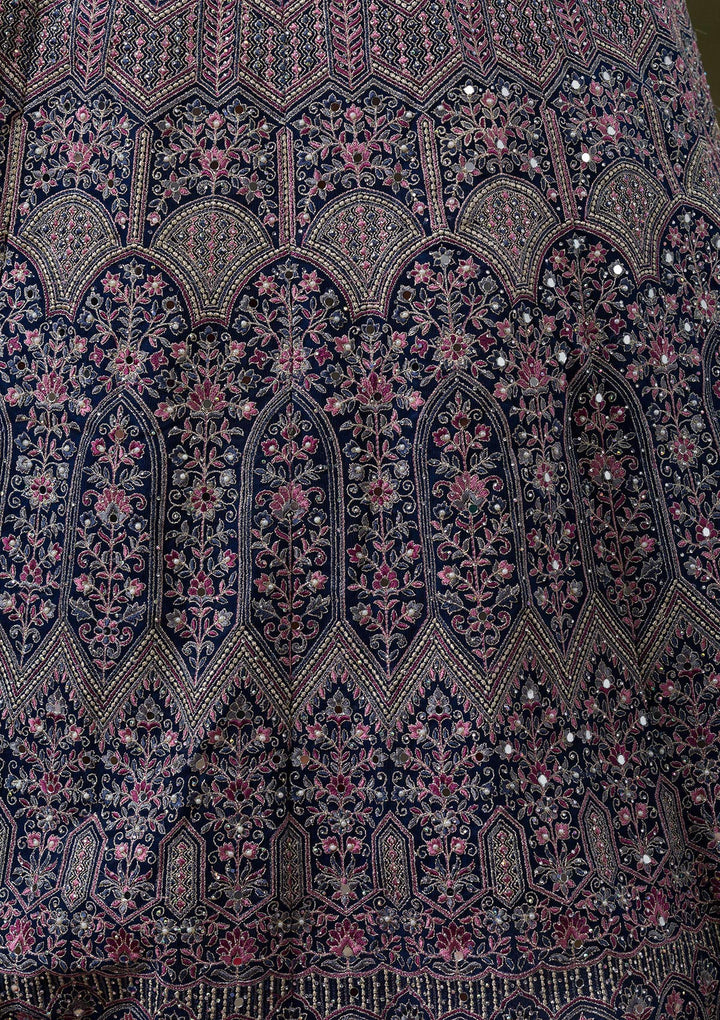 Peacock Blue Threadwork Net Readymade Lehenga-Koskii