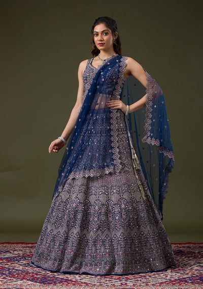 Peacock Blue Threadwork Net Readymade Lehenga-Koskii