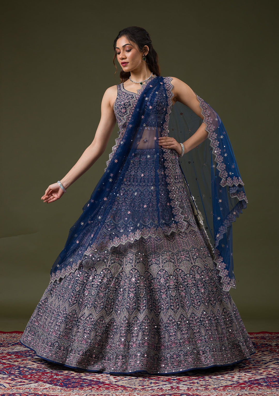 Peacock Blue Threadwork Net Readymade Lehenga-Koskii
