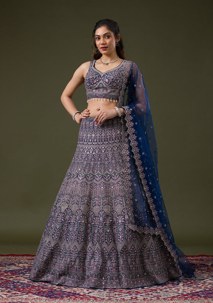 Peacock Blue Threadwork Net Readymade Lehenga-Koskii