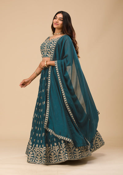 Peacock Blue Threadwork Raw Silk Readymade Lehenga-Koskii