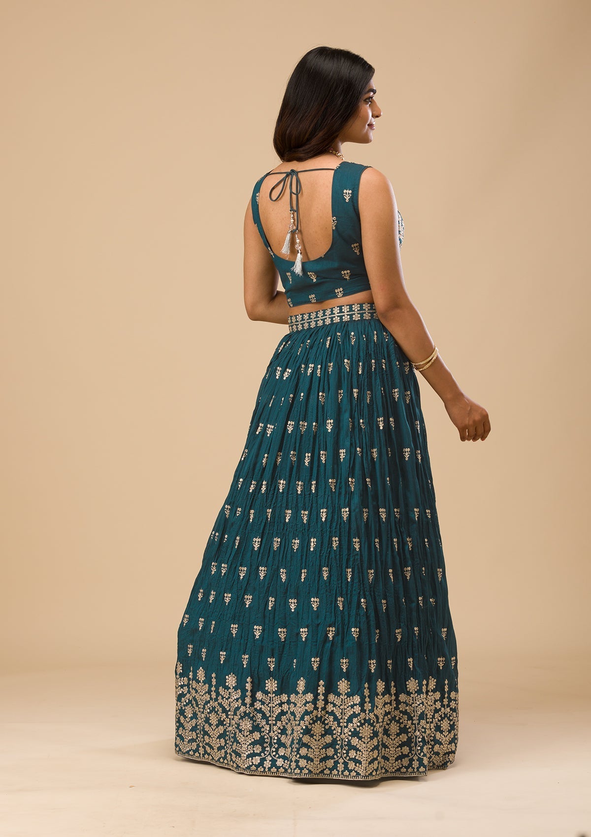 Peacock Blue Threadwork Raw Silk Readymade Lehenga-Koskii